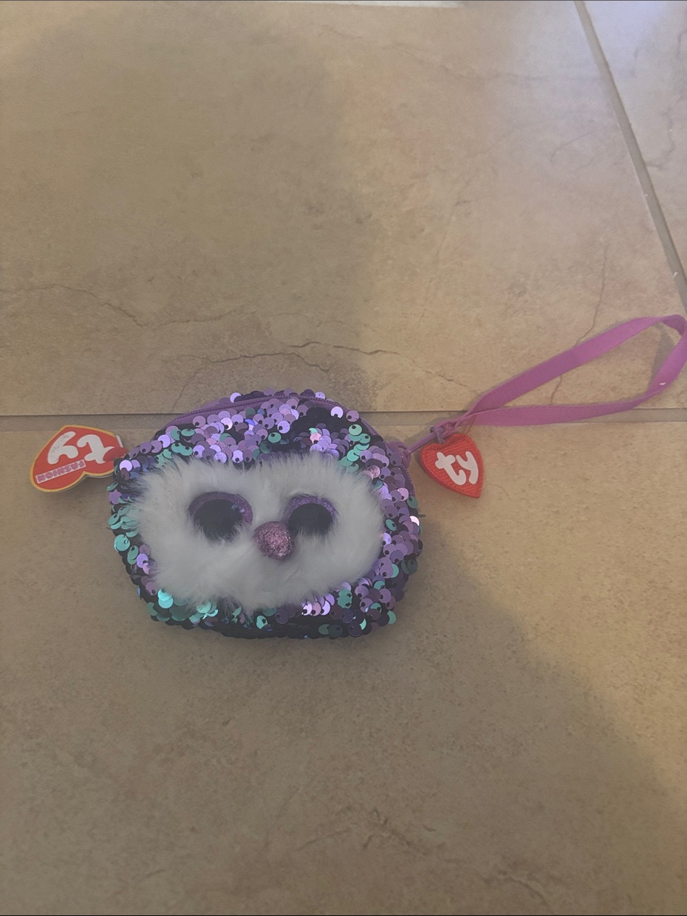 Ty Sequin Owl Wristlet - Purple, White